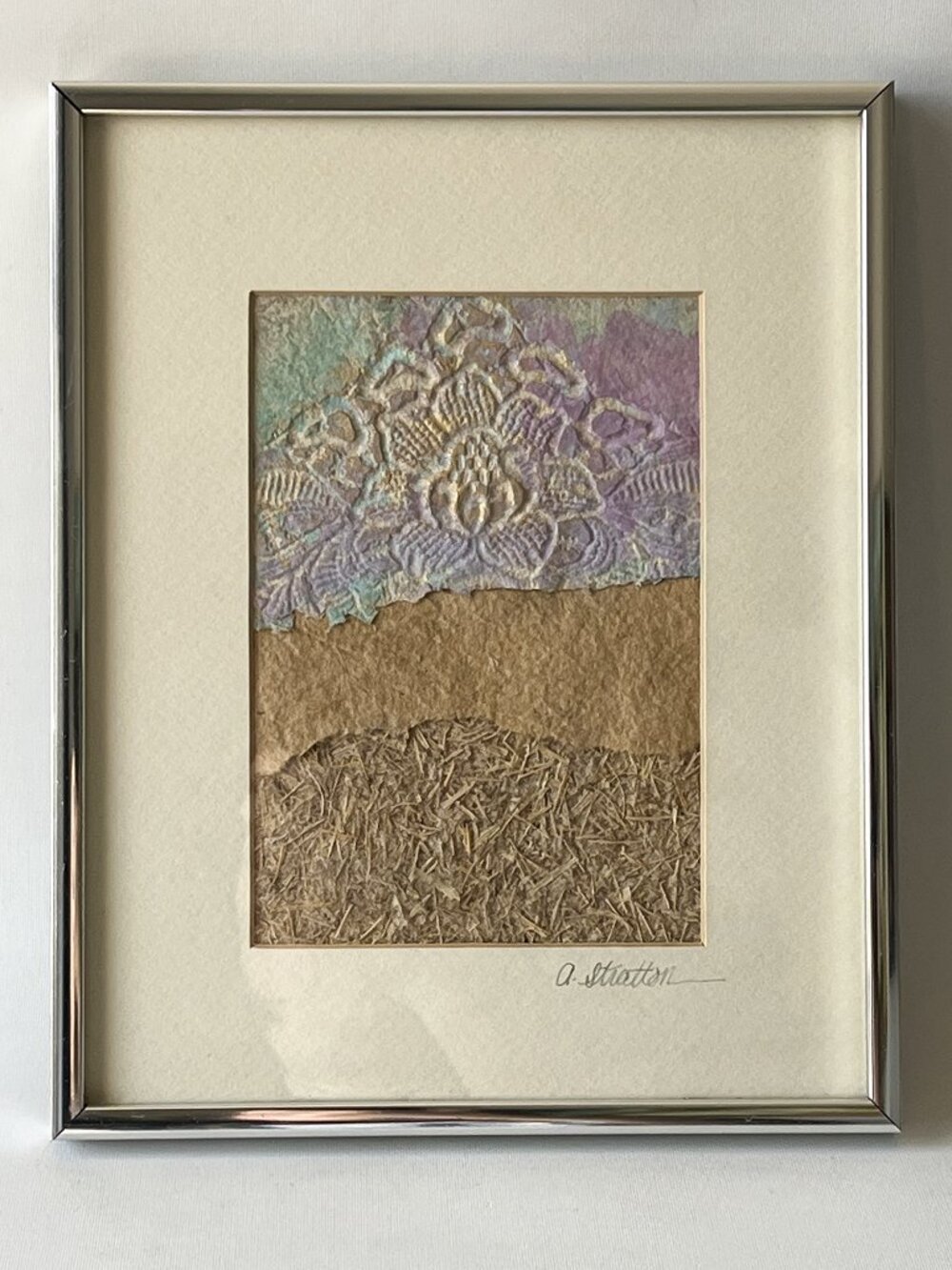 Vintage Original Handmade Paper & Fiber Art by A. Stratton Signed Framed 10x8